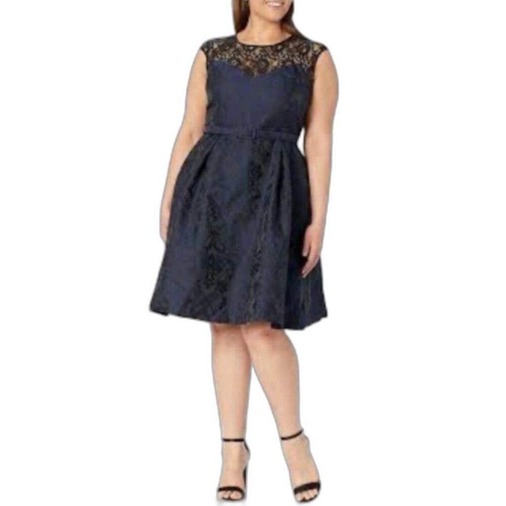 City Chic Women's Navy Floral Brocade Black Lace Sleeveless Cocktail Dress Sz 20